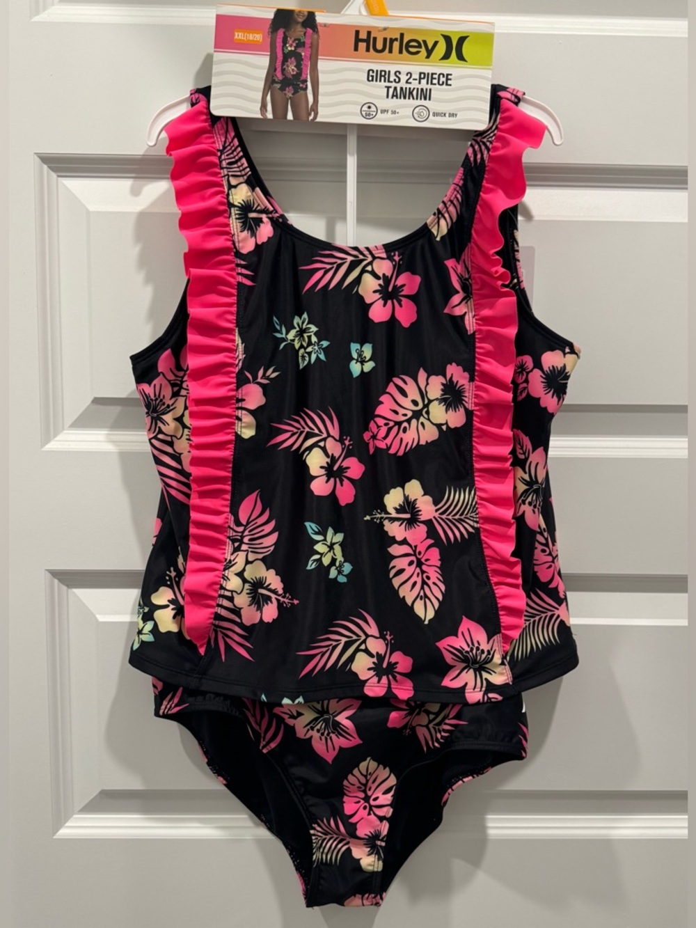 Hurley Girls Swim XXL 18-20 Black Floral Tankini with Pink Side Ruffles